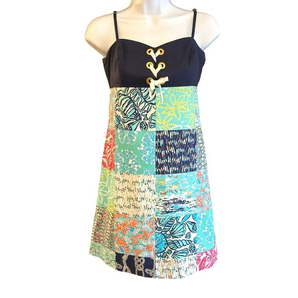 Lilly Pulitzer Rilee Navy Multi Sailor Patchwork Print Dress Size 2 Nautical - Picture 1 of 5